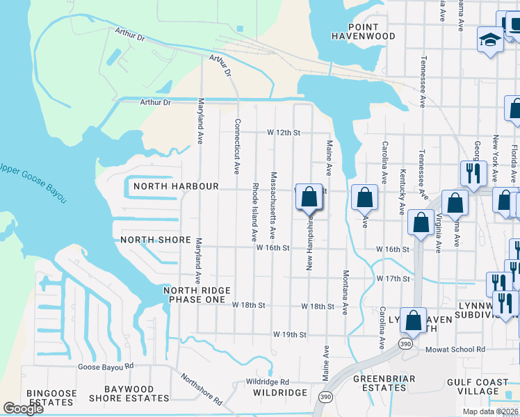 map of restaurants, bars, coffee shops, grocery stores, and more near 1404 Massachusetts Avenue in Lynn Haven