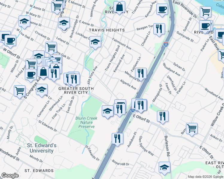 map of restaurants, bars, coffee shops, grocery stores, and more near 2115 Glendale Place in Austin