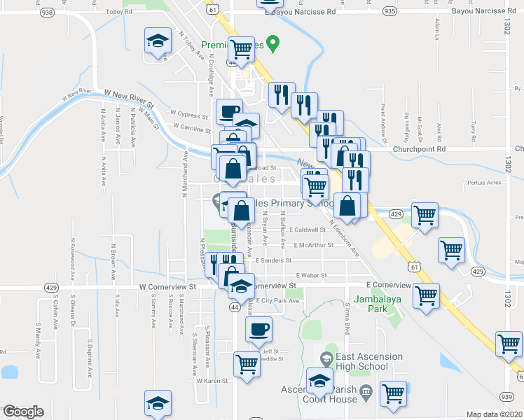 map of restaurants, bars, coffee shops, grocery stores, and more near 224 East Josephine Street in Gonzales