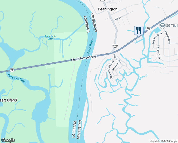 map of restaurants, bars, coffee shops, grocery stores, and more near 4205 Riverside Drive in Pearlington