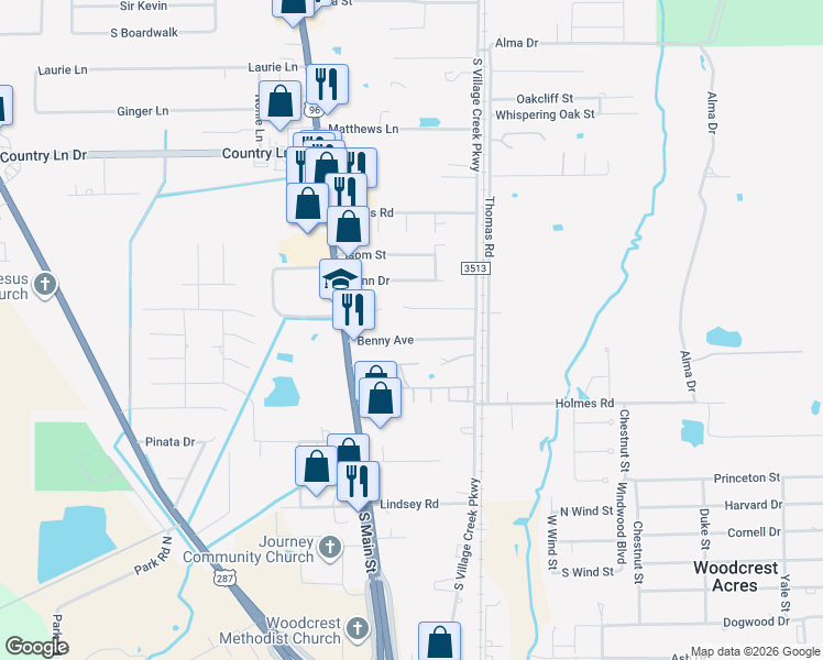 map of restaurants, bars, coffee shops, grocery stores, and more near 203 Benny Avenue in Lumberton