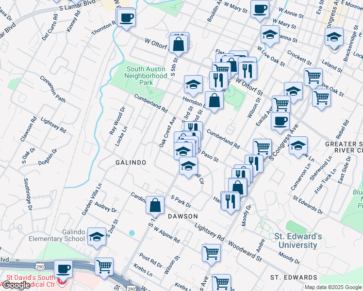map of restaurants, bars, coffee shops, grocery stores, and more near 2900 South 1st Street in Austin