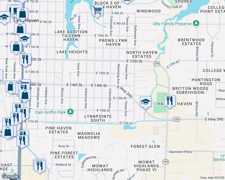 map of restaurants, bars, coffee shops, grocery stores, and more near 1404 Colorado Avenue in Lynn Haven