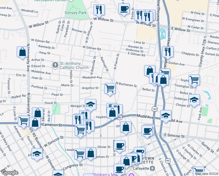 map of restaurants, bars, coffee shops, grocery stores, and more near 116 Martin St in Lafayette