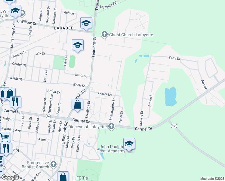 map of restaurants, bars, coffee shops, grocery stores, and more near Saint Margarite St Exd in Lafayette
