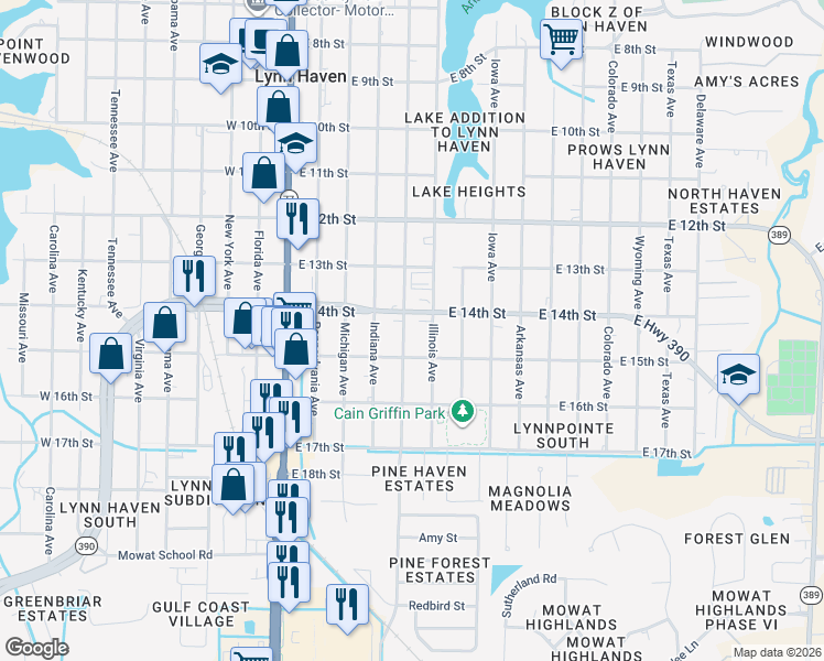 map of restaurants, bars, coffee shops, grocery stores, and more near 1411 Minnesota Avenue in Lynn Haven