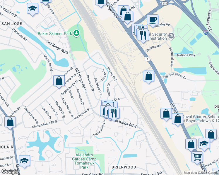 map of restaurants, bars, coffee shops, grocery stores, and more near 7869 Jolliet Drive in Jacksonville