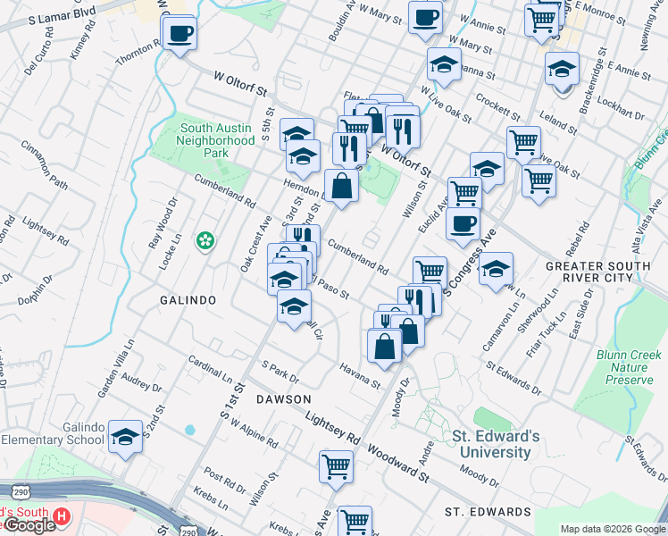 map of restaurants, bars, coffee shops, grocery stores, and more near 2711 Stacy Lane in Austin