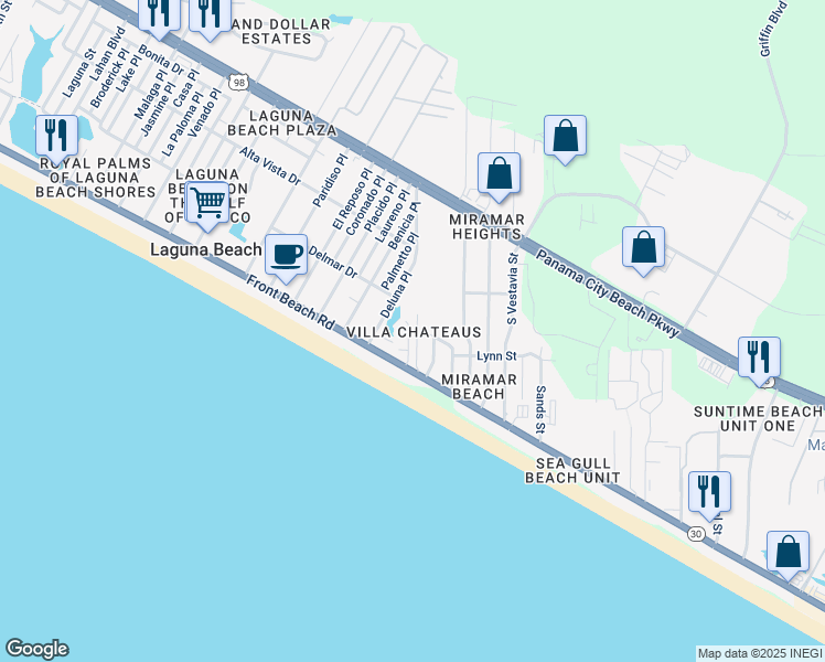 map of restaurants, bars, coffee shops, grocery stores, and more near in Panama City Beach