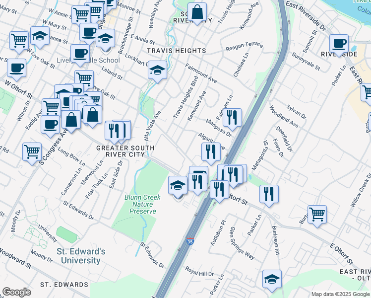map of restaurants, bars, coffee shops, grocery stores, and more near 2115 Glendale Place in Austin