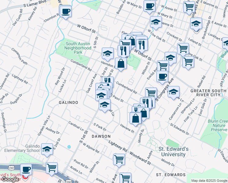 map of restaurants, bars, coffee shops, grocery stores, and more near 2715 South 1st Street in Austin