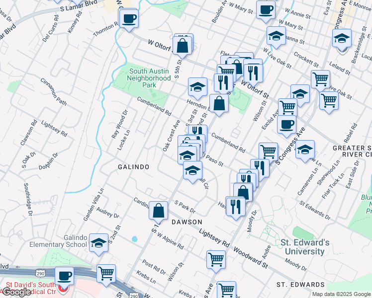 map of restaurants, bars, coffee shops, grocery stores, and more near 2900 South 1st Street in Austin