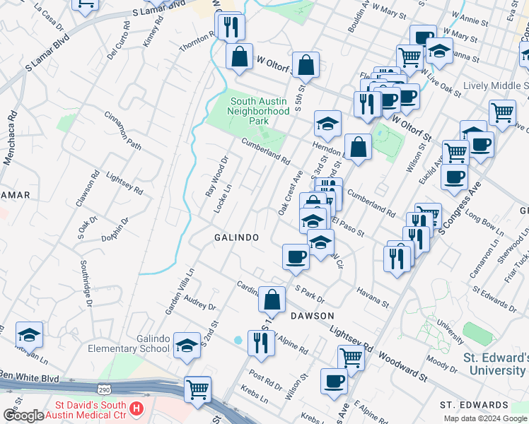map of restaurants, bars, coffee shops, grocery stores, and more near 901 Terrell Hill Drive in Austin