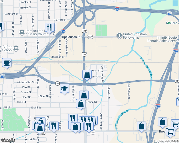 map of restaurants, bars, coffee shops, grocery stores, and more near 101-299 S Martin Luther King Hwy in Lake Charles