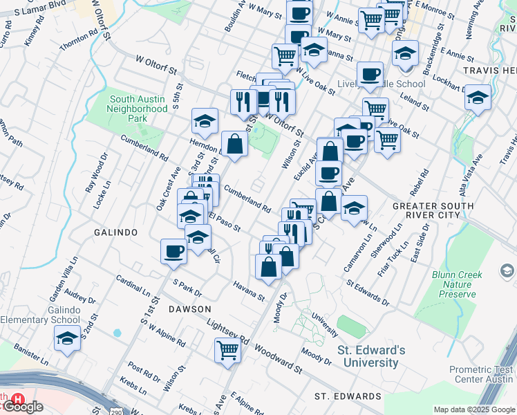map of restaurants, bars, coffee shops, grocery stores, and more near 2700 Wilson Street in Austin