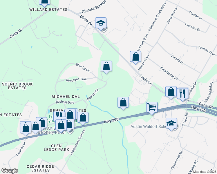 map of restaurants, bars, coffee shops, grocery stores, and more near 9848 Weir Loop Circle in Austin
