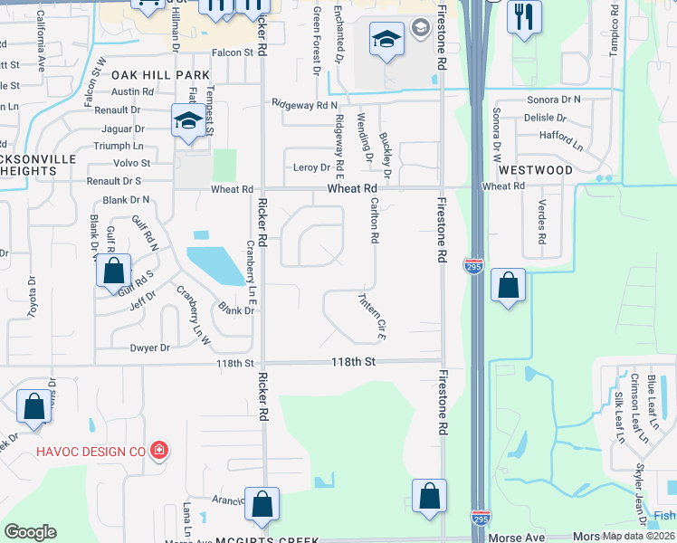 map of restaurants, bars, coffee shops, grocery stores, and more near 6182 Hill View Court in Jacksonville