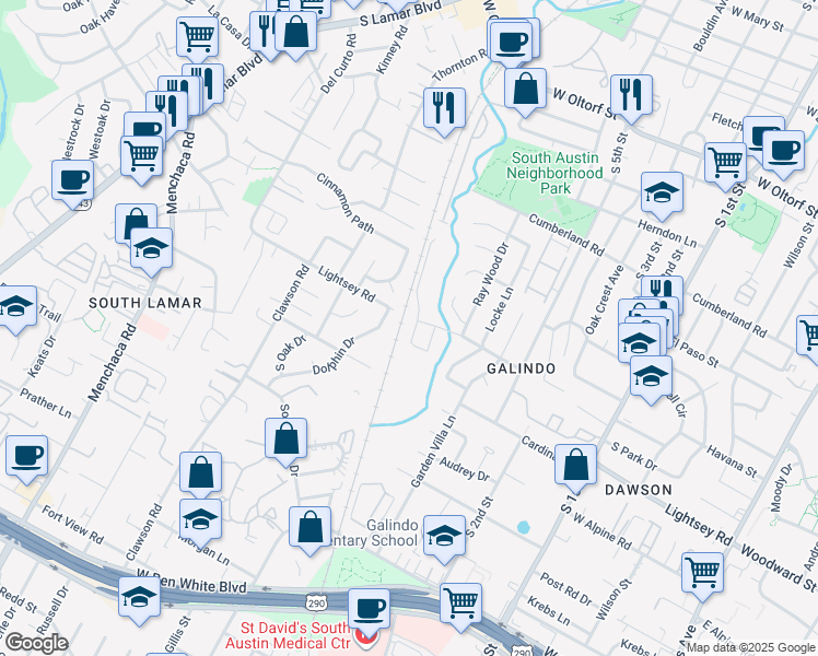 map of restaurants, bars, coffee shops, grocery stores, and more near 3106 Corbin Lane in Austin