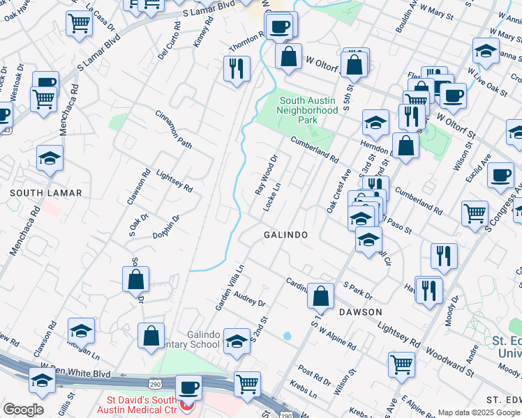 map of restaurants, bars, coffee shops, grocery stores, and more near 3100 Locke Lane in Austin