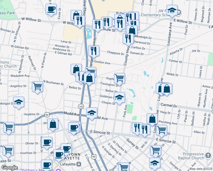 map of restaurants, bars, coffee shops, grocery stores, and more near 314 Tissington Street in Lafayette