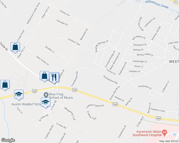 map of restaurants, bars, coffee shops, grocery stores, and more near 8711 Thunderbird Road in Austin