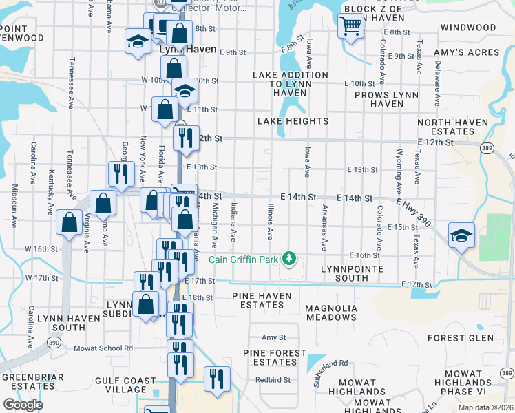 map of restaurants, bars, coffee shops, grocery stores, and more near 1411 Minnesota Avenue in Lynn Haven
