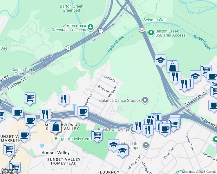 map of restaurants, bars, coffee shops, grocery stores, and more near 3209 Nancy Gale Drive in Austin