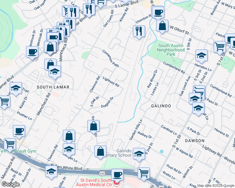 map of restaurants, bars, coffee shops, grocery stores, and more near 3202 Dolphin Drive in Austin