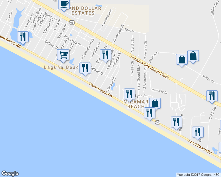 map of restaurants, bars, coffee shops, grocery stores, and more near 110 Deluna Place in Panama City Beach