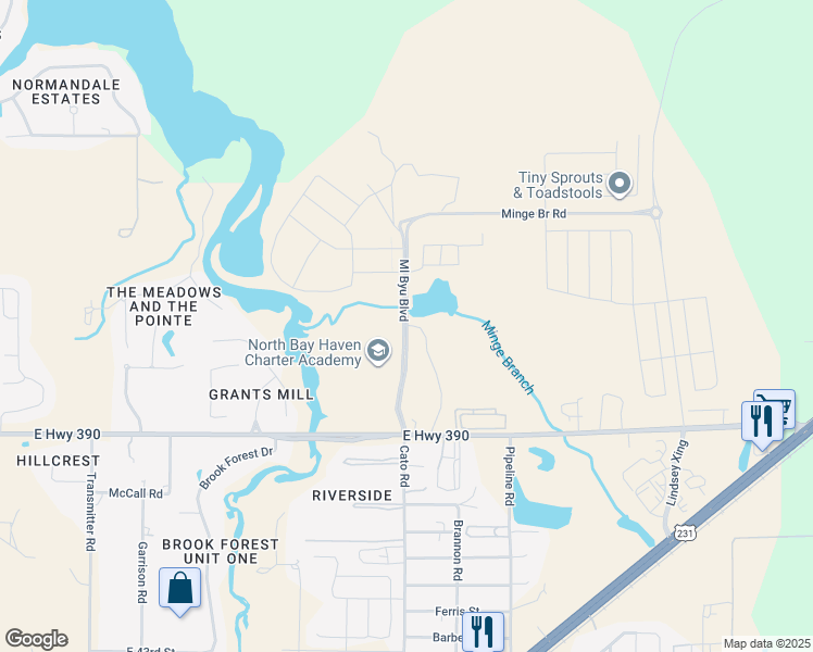 map of restaurants, bars, coffee shops, grocery stores, and more near Mill Bayou Bouelvard in Panama City