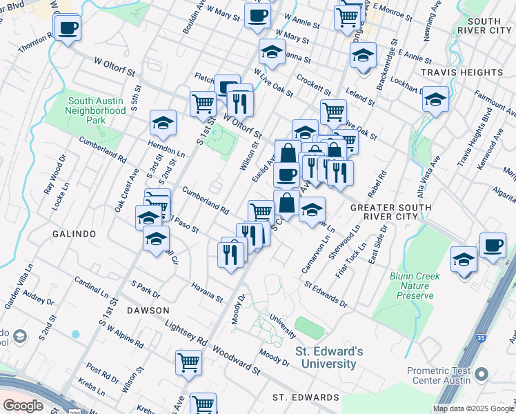 map of restaurants, bars, coffee shops, grocery stores, and more near 2538 South Congress Avenue in Austin