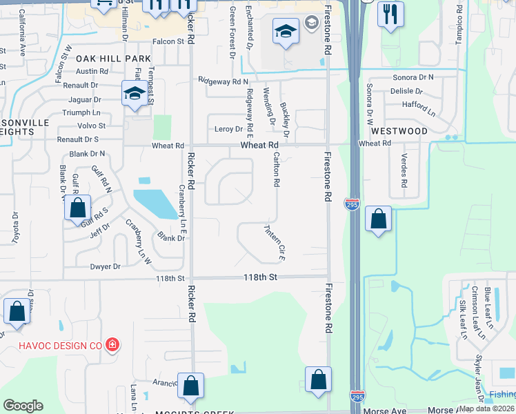 map of restaurants, bars, coffee shops, grocery stores, and more near 6182 Hill View Court in Jacksonville