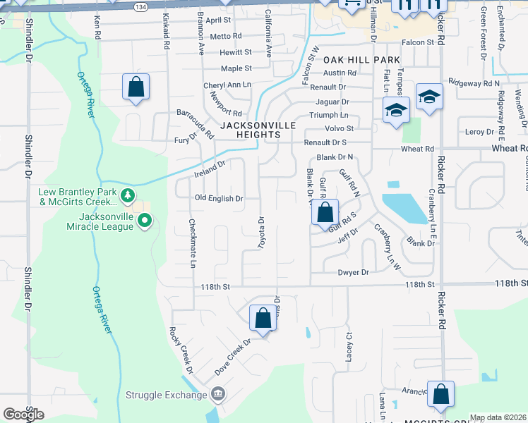 map of restaurants, bars, coffee shops, grocery stores, and more near 6122 Toyota Drive in Jacksonville