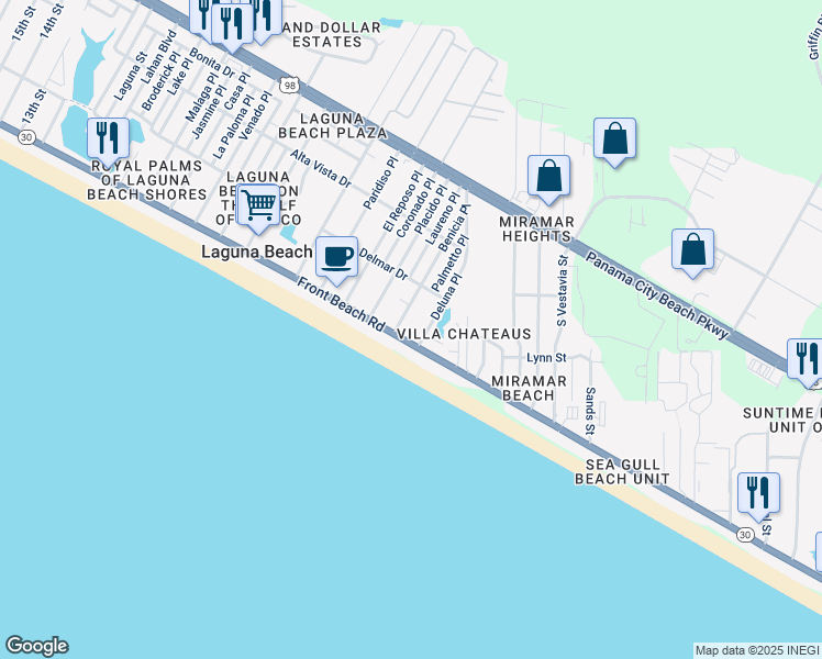 map of restaurants, bars, coffee shops, grocery stores, and more near 18920 Front Beach Road in Panama City Beach