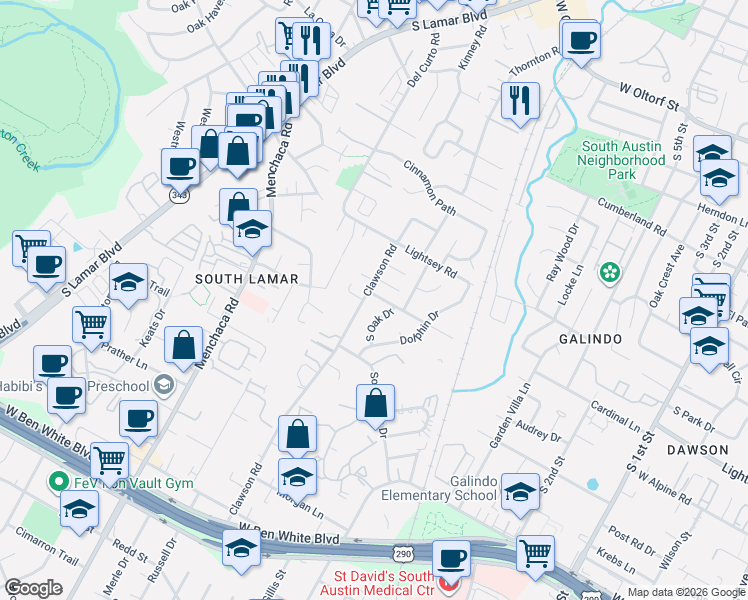 map of restaurants, bars, coffee shops, grocery stores, and more near 1605 Valleyridge Drive in Austin