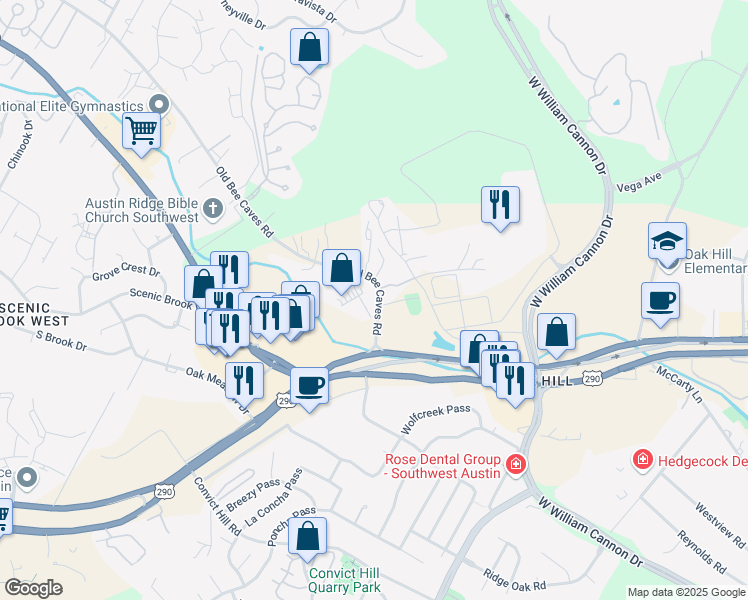 map of restaurants, bars, coffee shops, grocery stores, and more near 6811 Old Bee Caves Road in Austin