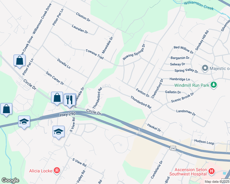 map of restaurants, bars, coffee shops, grocery stores, and more near 8711 Thunderbird Road in Austin