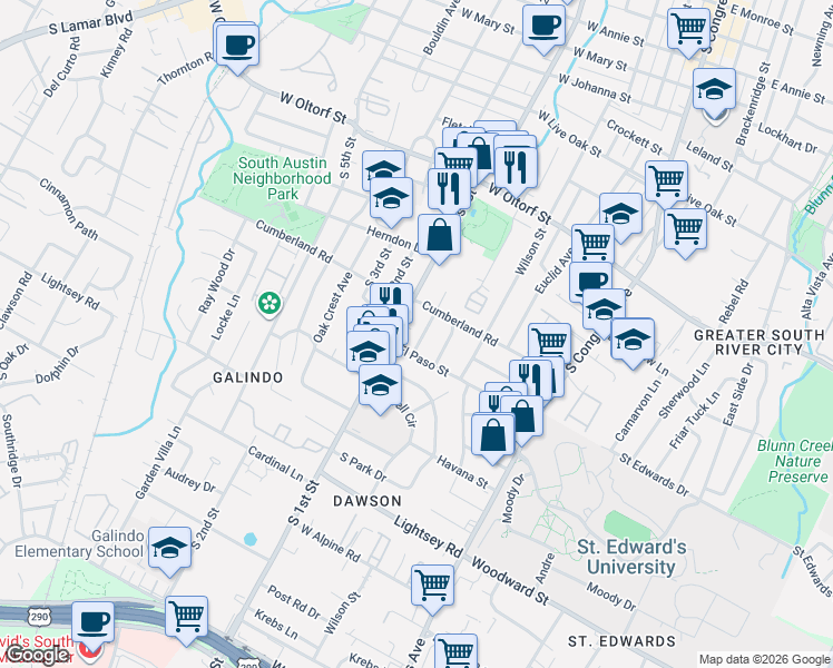 map of restaurants, bars, coffee shops, grocery stores, and more near 2712 Stacy Lane in Austin