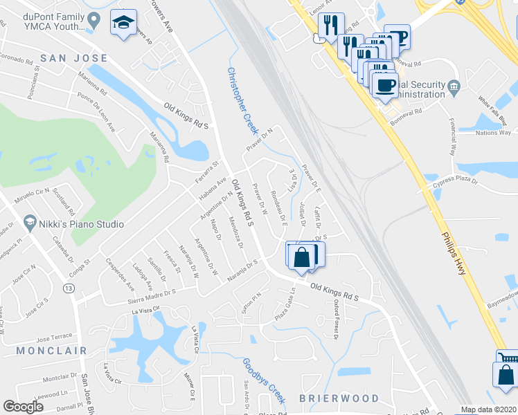 map of restaurants, bars, coffee shops, grocery stores, and more near 7846 Praver Drive West in Jacksonville