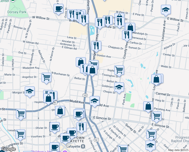 map of restaurants, bars, coffee shops, grocery stores, and more near 1019 Northwest Evangeline Throughway in Lafayette