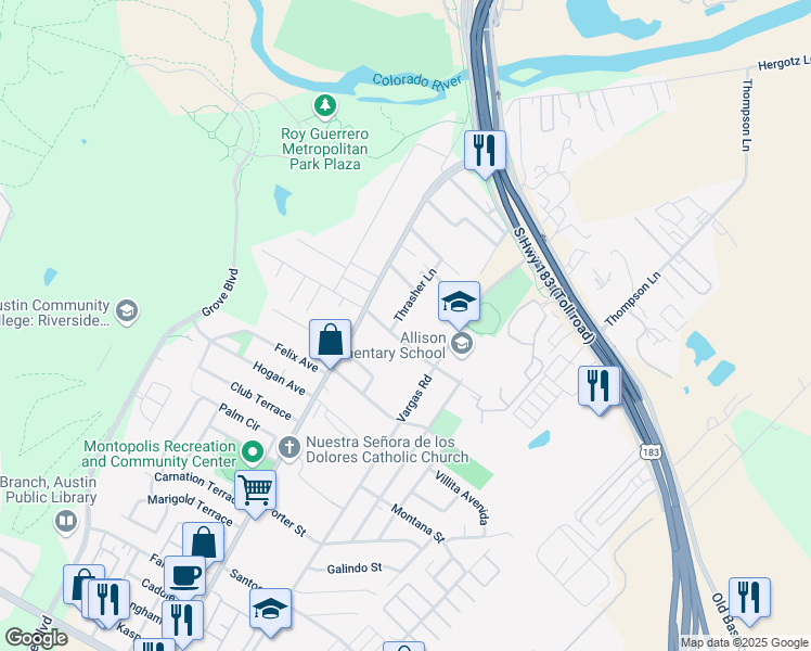 map of restaurants, bars, coffee shops, grocery stores, and more near 613A Thrasher Lane in Austin