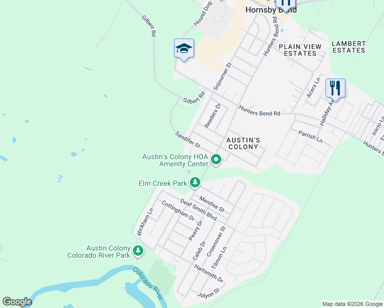 map of restaurants, bars, coffee shops, grocery stores, and more near 3605 Banda Lane in Austin