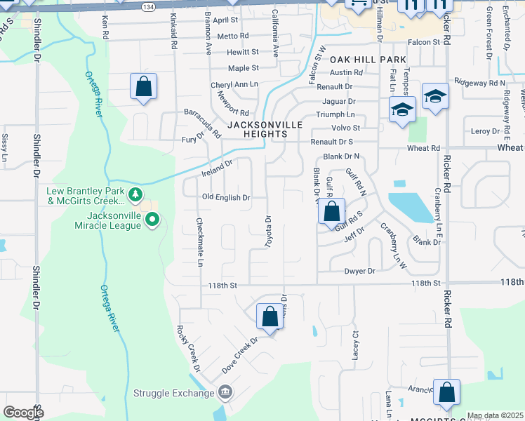 map of restaurants, bars, coffee shops, grocery stores, and more near 6122 Toyota Drive in Jacksonville
