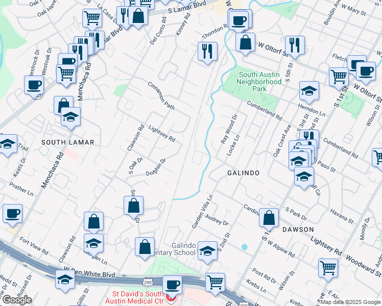 map of restaurants, bars, coffee shops, grocery stores, and more near 3104 Corbin Lane in Austin