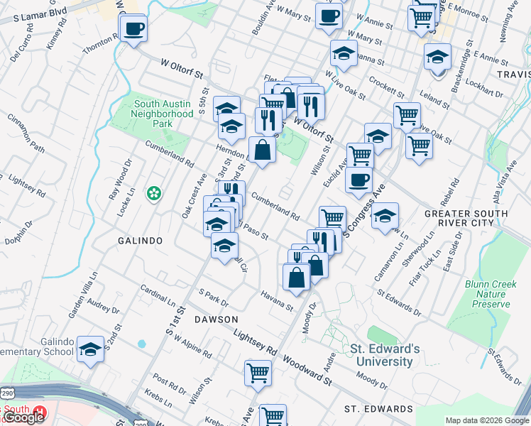 map of restaurants, bars, coffee shops, grocery stores, and more near 2702 La Mesa Drive in Austin