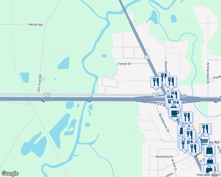 map of restaurants, bars, coffee shops, grocery stores, and more near 216 Parkway Circle in Crowley