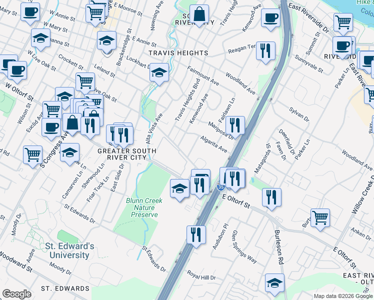 map of restaurants, bars, coffee shops, grocery stores, and more near 2118 Glendale Place in Austin