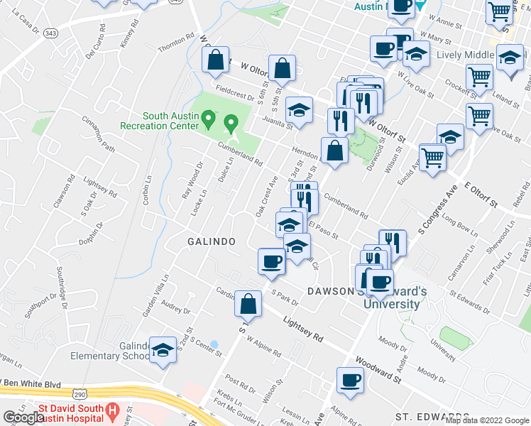 map of restaurants, bars, coffee shops, grocery stores, and more near 2905 Oak Crest Avenue in Austin