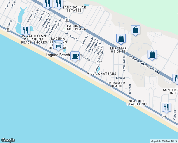 map of restaurants, bars, coffee shops, grocery stores, and more near 18920 Front Beach Road in Panama City Beach