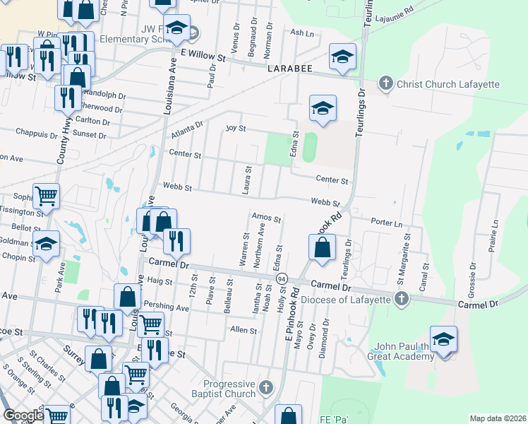 map of restaurants, bars, coffee shops, grocery stores, and more near 147 Northern Avenue in Lafayette